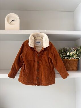 Old Navy Kids Rust-Orange Corduroy Puffer Jacket with Cream Sherpa Collar